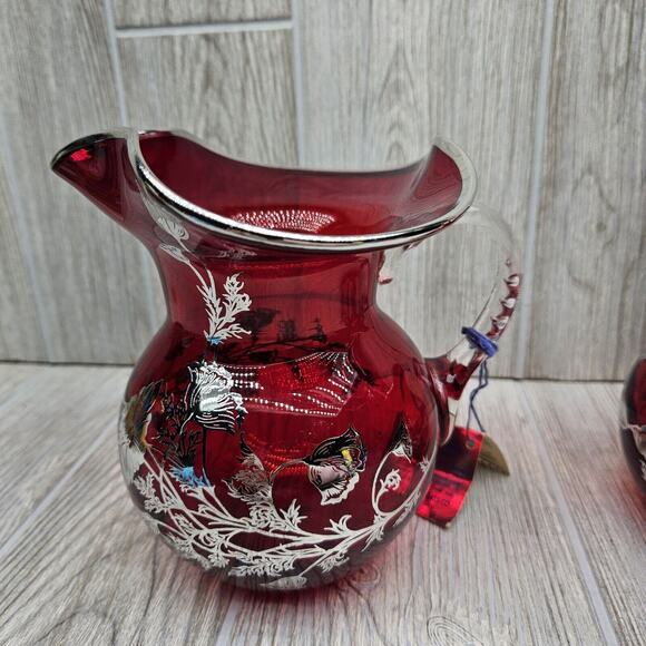 Silver City Glass Co Flanders Poppy Sterling On Red Crystal Pitcher & Vase - Picture 12 of 16